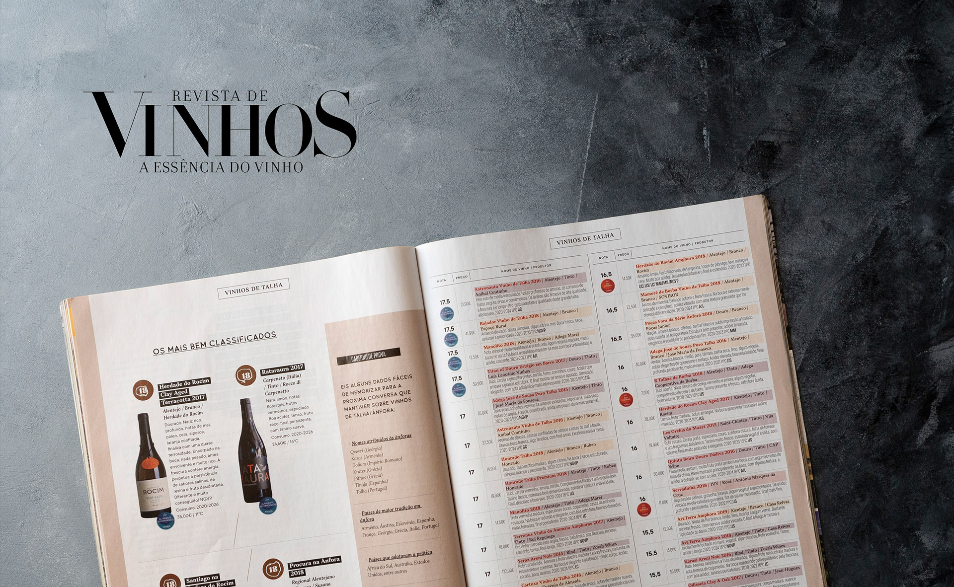 Revista aberta com pontuações de vinhos e duas imagens de garrafas de vinho na página esquerda. O título Revista Vinhos – A essência do Vinho.