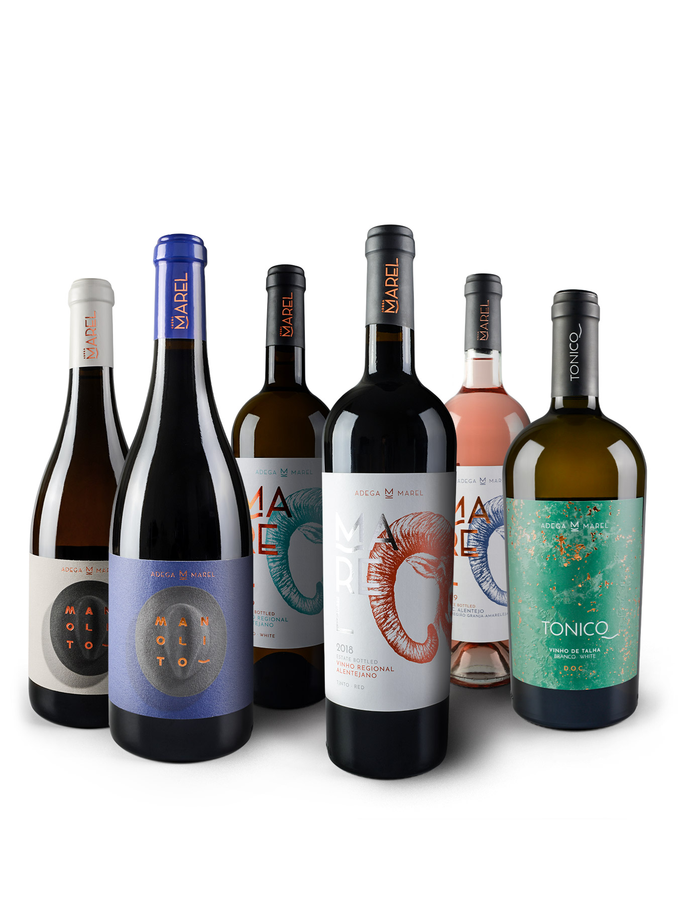 Garrafas de vinho da Adega Marel: Manolito Branco; Manolito Tinto; Marel Branco; Marel Tinto; Marel Rosé; e Tonico Branco